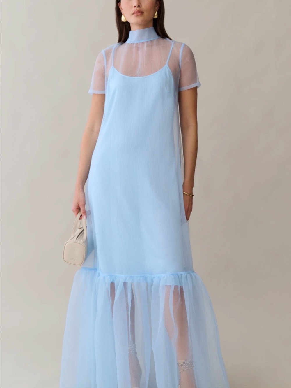 Caara Melody Dress, Light Blue Sheer Neckline Maxi Dress. NWT